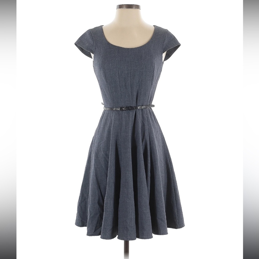 Calvin Klein dressy dark blue denim jean material stretch flare cap sleeve dress